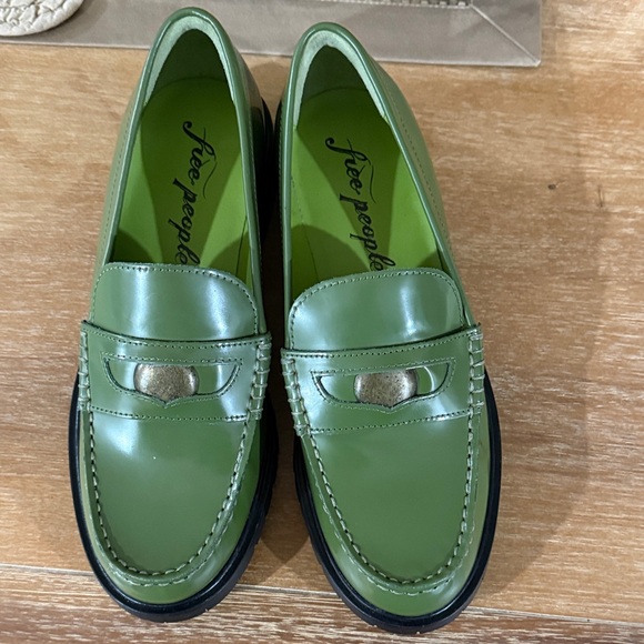Free People Shoes - Free People Olive Green Leather Penny Loafers